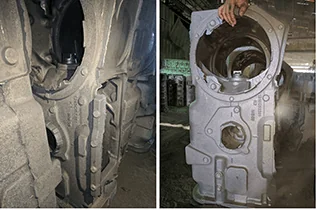 Engine block casting comparison: rough surface with coal dust versus smooth surface with Nanokarb